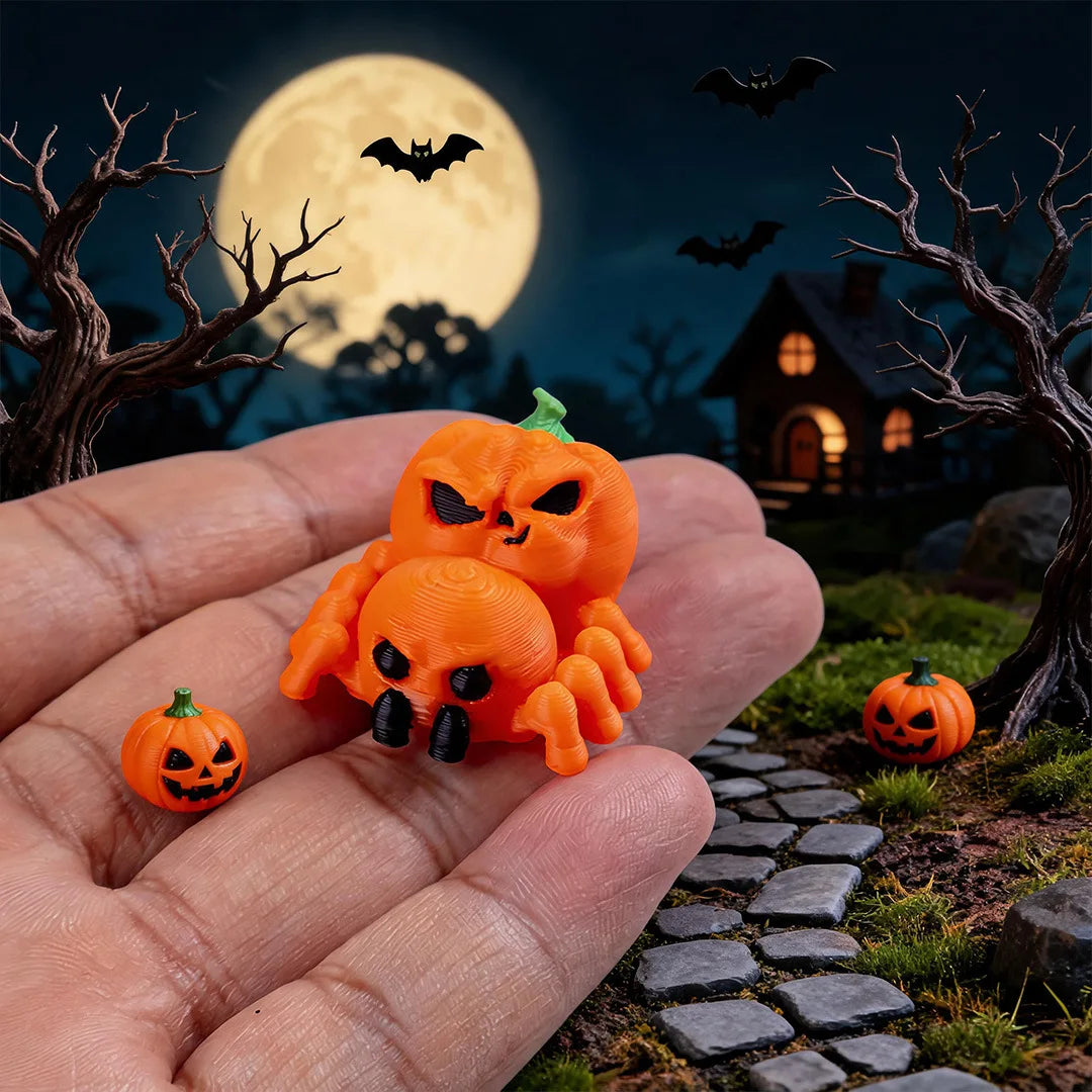 An orange monster spider and skeleton figurine set held in a hand against a dark Halloween background with a full moon.