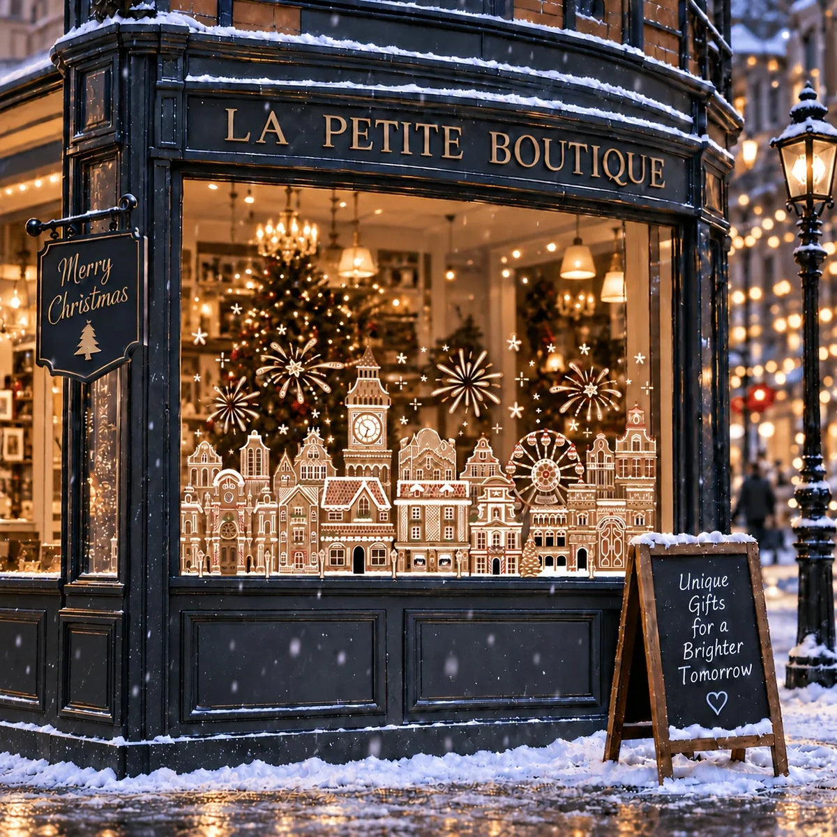 A storefront window decorated with Christmas gingerbread house window clings and snow outside.
