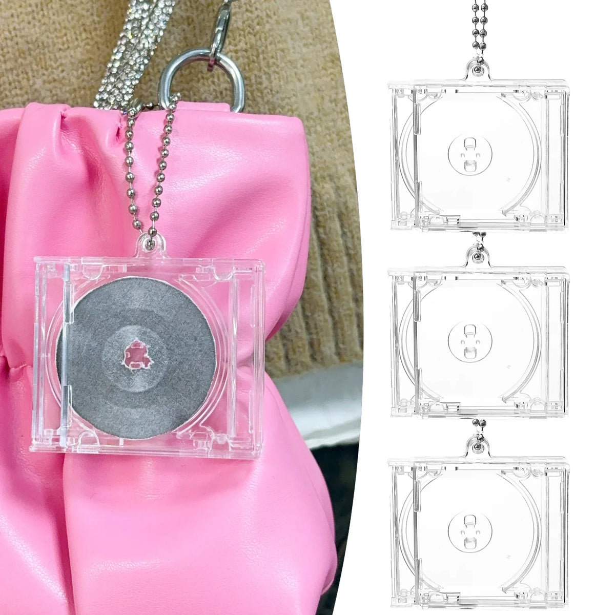 A pink leather bag features a mini transparent CD keychain attached to the strap.