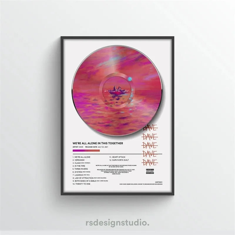 A framed canvas wall art featuring a vibrant pink and purple aesthetic hip hop album cover for Dave.