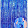 Two panels of metallic blue foil fringe curtains hanging vertically.