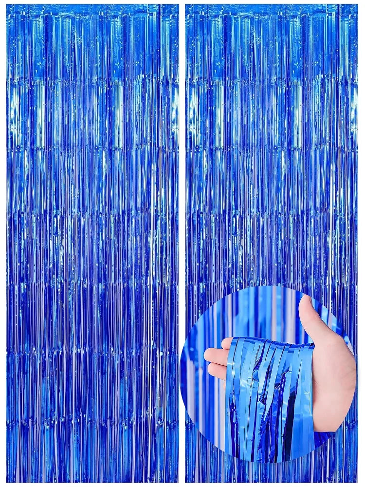 Two panels of metallic blue foil fringe curtains hanging vertically.