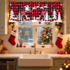 Festive Christmas curtain valance featuring a red and black plaid pattern with white reindeer and pine trees