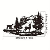 Black silhouette of a deer in a forest landscape on a rectangular piece of art.