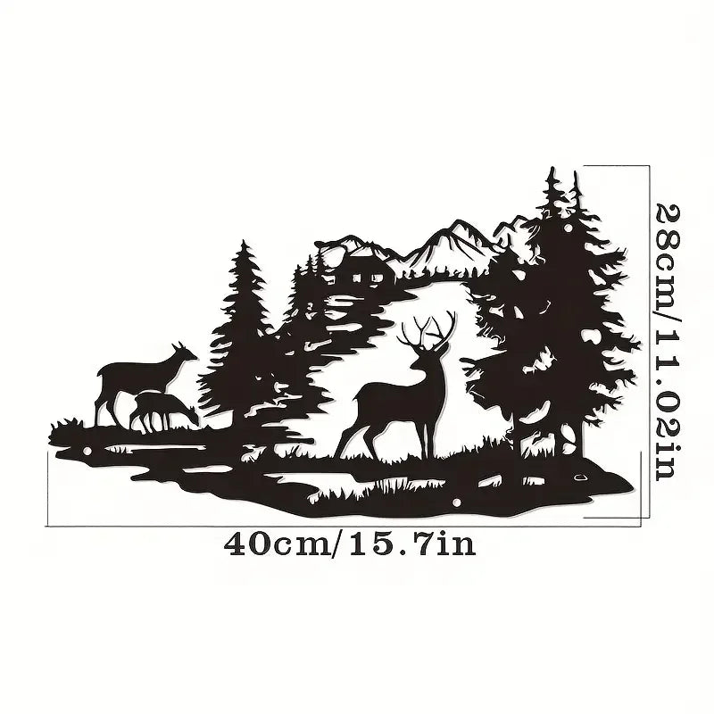 Black silhouette of a deer in a forest landscape on a rectangular piece of art.