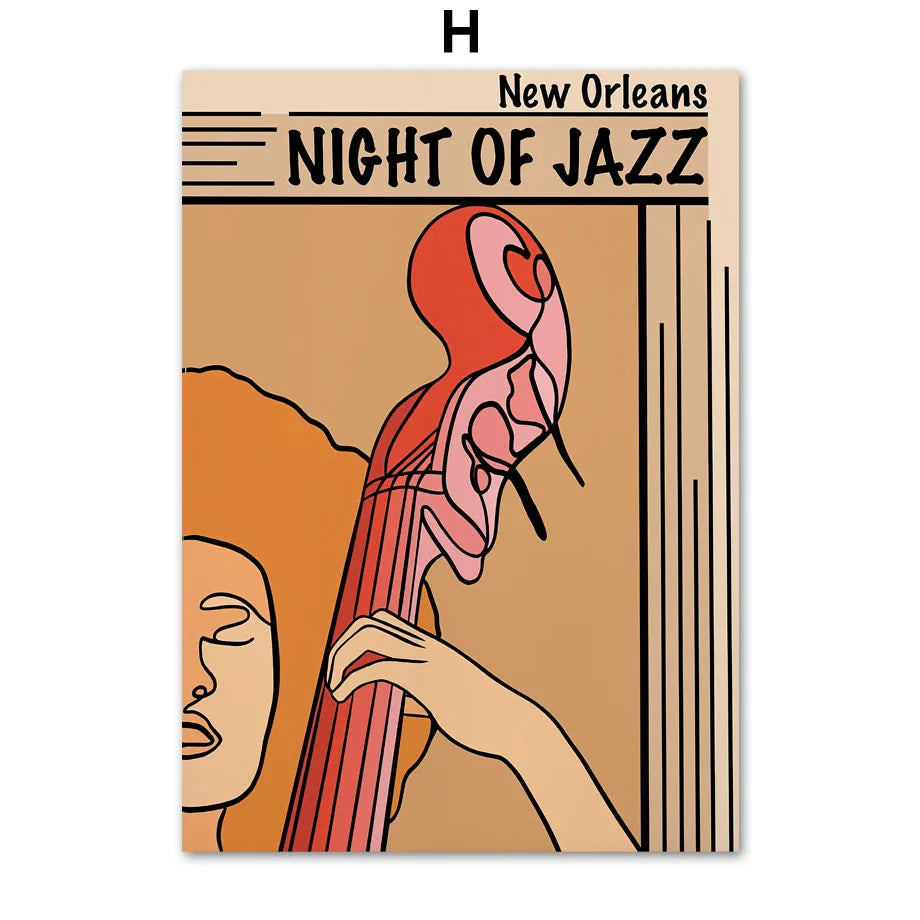 Abstract wall art featuring a stylized illustration of a musician playing a stringed instrument against a warm orange backgro
