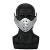 A black mannequin head wearing a silver face mask cosplay accessory.