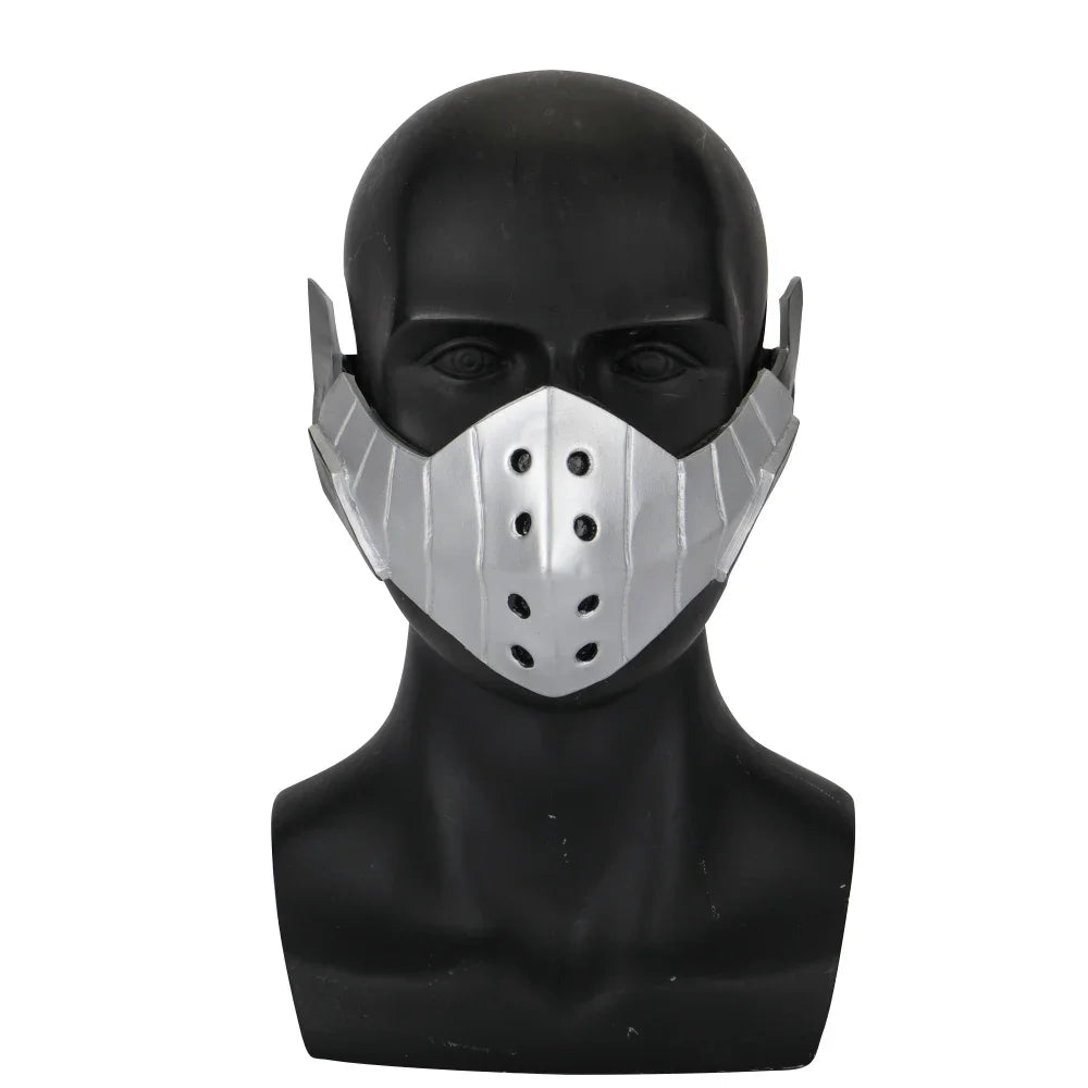 A black mannequin head wearing a silver face mask cosplay accessory.