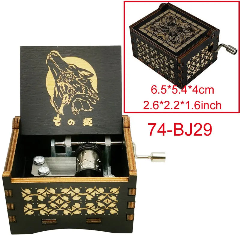 A wooden music box with a lid featuring a stylized wolf design and intricate patterns.