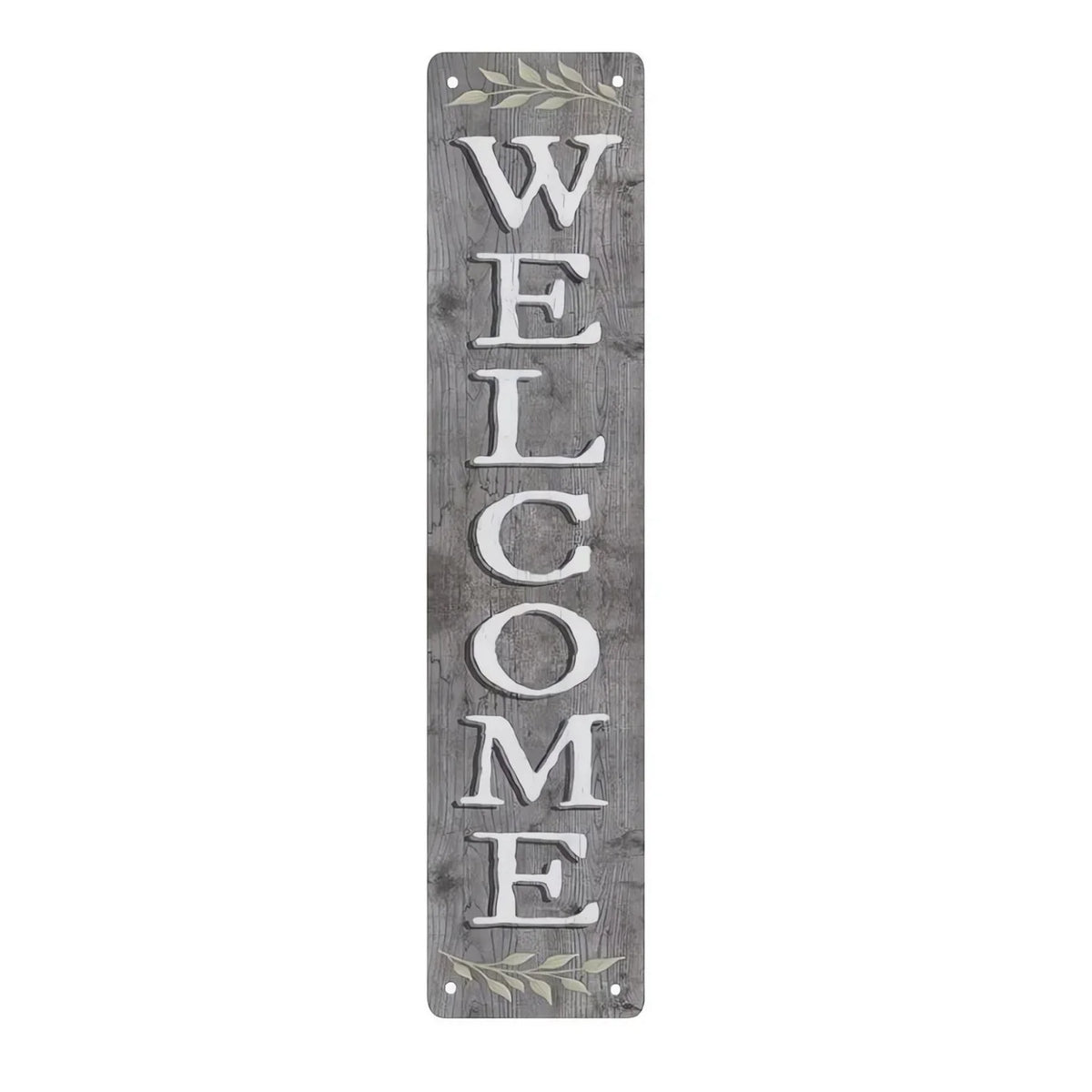 Vertical rustic metal sign with the word WELCOME carved into it surrounded by laurel leaves
