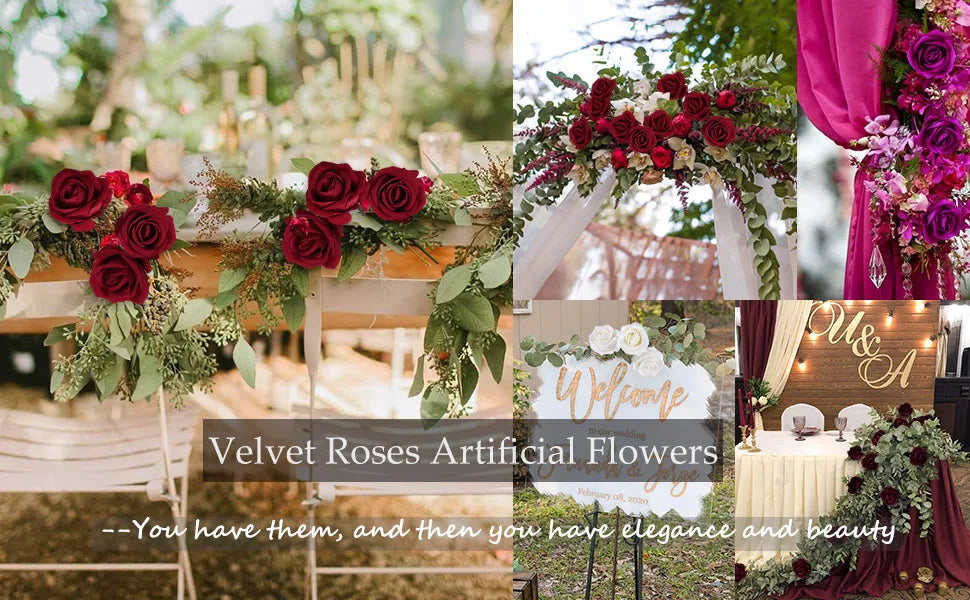 A collection of deep red and pink velvet artificial roses arranged in floral bouquets and decor