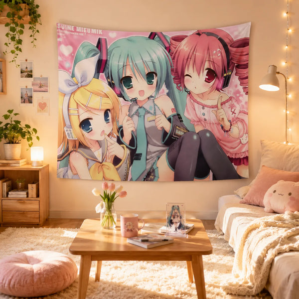 Vocaloid Anime Wall Tapestry featuring Hatsune Miku and friends in a colorful design