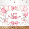 Pink bow tie birthday party backdrop banner featuring pink balloons and glitter