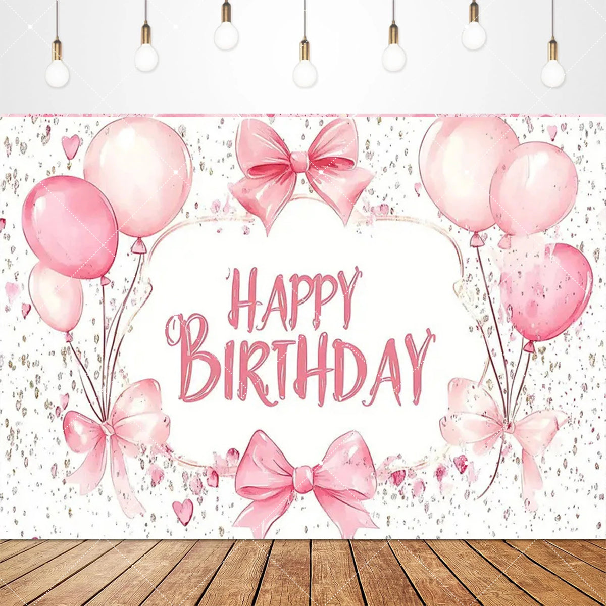 Pink bow tie birthday party backdrop banner featuring pink balloons and glitter