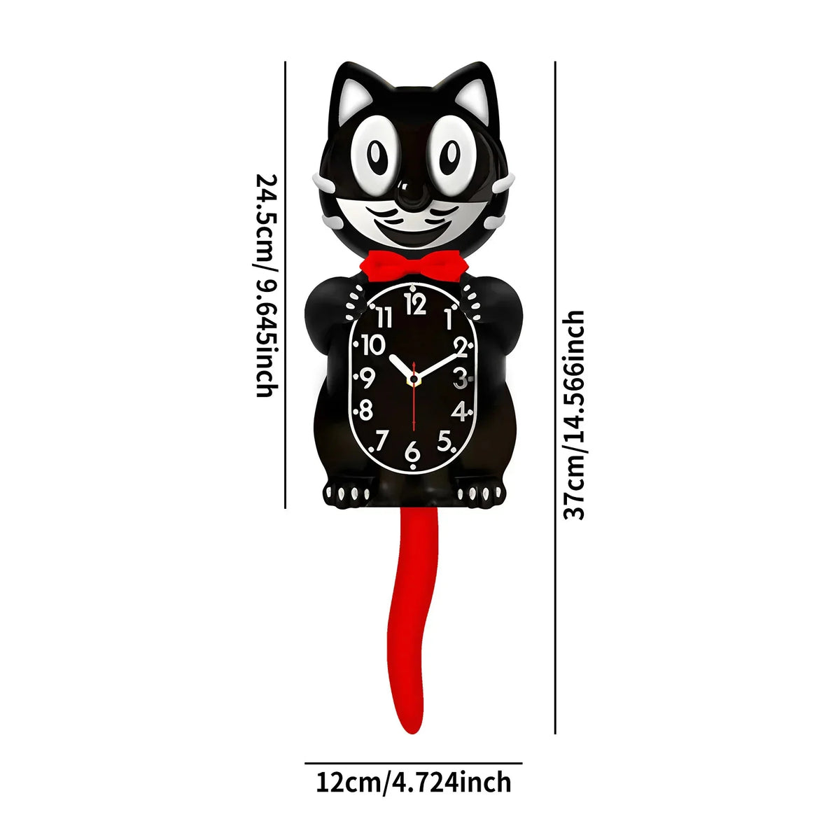 Black cartoon cat wall clock with a red swinging tail and a round face