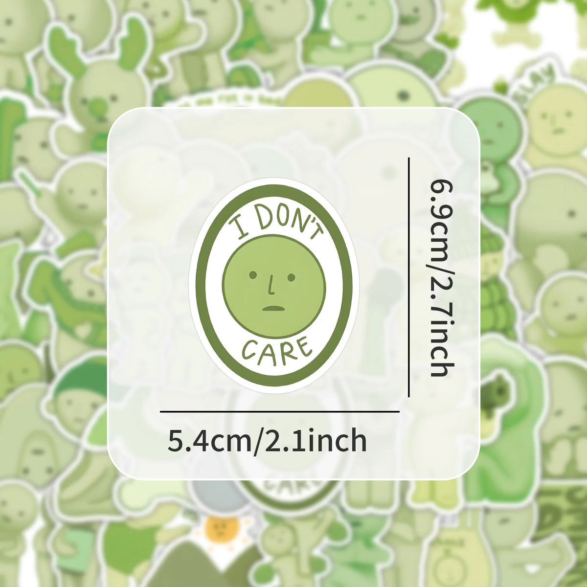 A round sticker featuring a simple face with the text I DON'T CARE on a light green background.