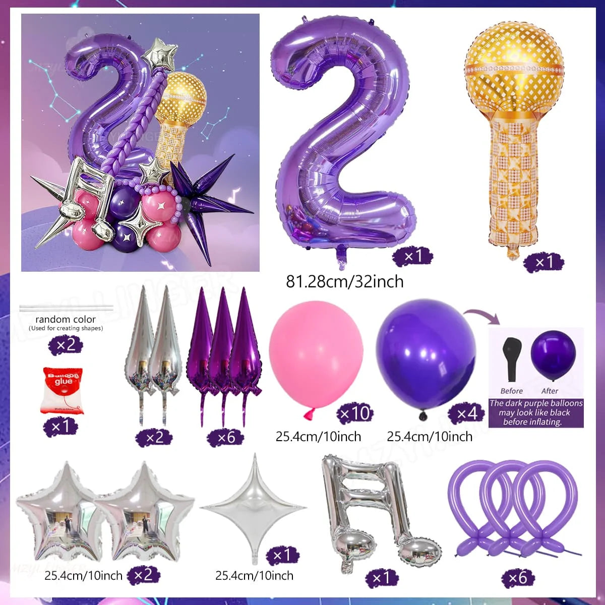 A set of purple and gold decorative balloons including a number 2, star shapes, and various balloon sizes.