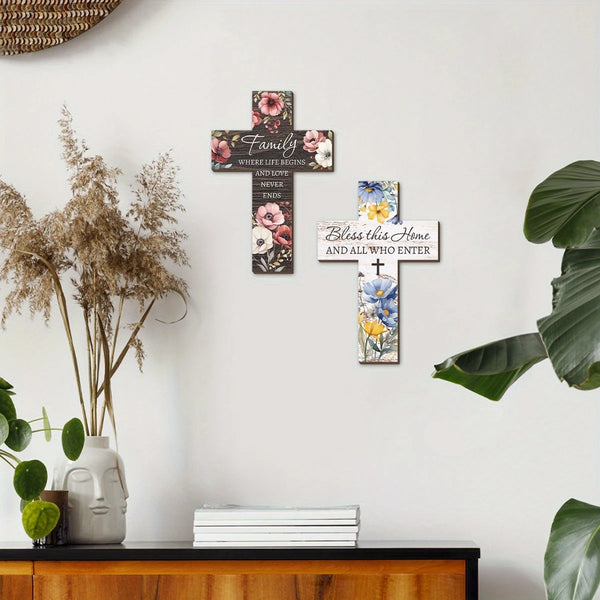 Rustic wooden cross wall decor featuring floral designs for home and prayer room