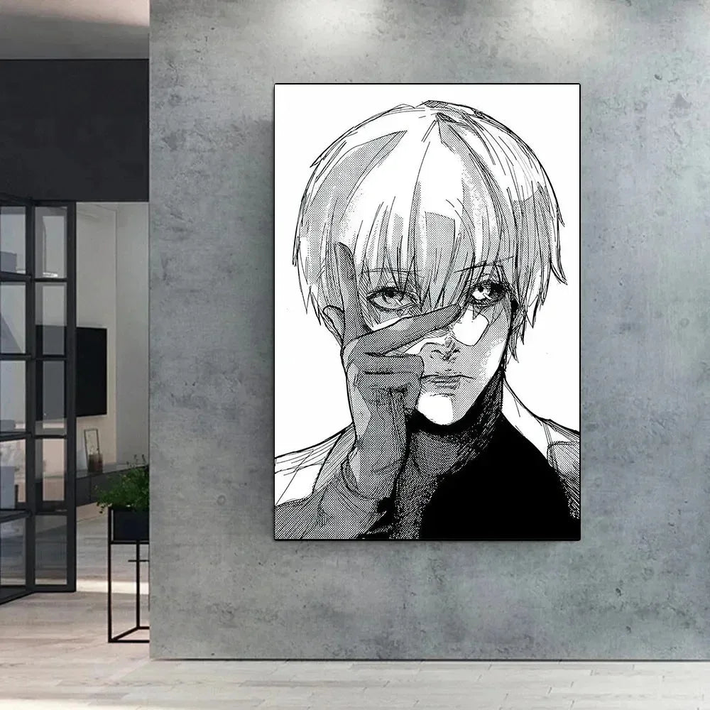 Black and white sketch of a character with light hair covering their eyes