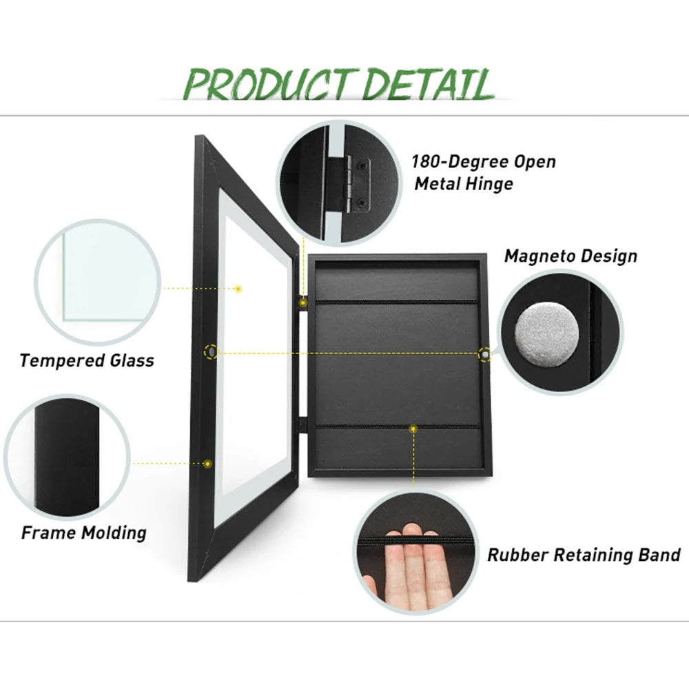 Detail view of a black magnetic front opening art display frame showing tempered glass, metal hinge, and rubber retaining ban