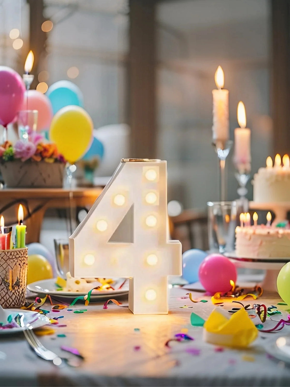 A glowing white LED marquee number 4 is displayed on a table decorated with colorful confetti and balloons for a celebration.