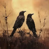 A painting of two black birds silhouetted against a bright, hazy orange sunset sky.