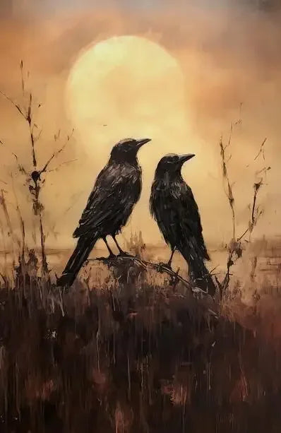 A painting of two black birds silhouetted against a bright, hazy orange sunset sky.