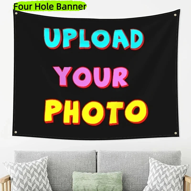 A black banner with neon text that reads Upload Your Photo for outdoor decor