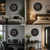 A creative 2D tire wheel acrylic wall clock mounted on a gray wall above a modern sofa and wooden bed.