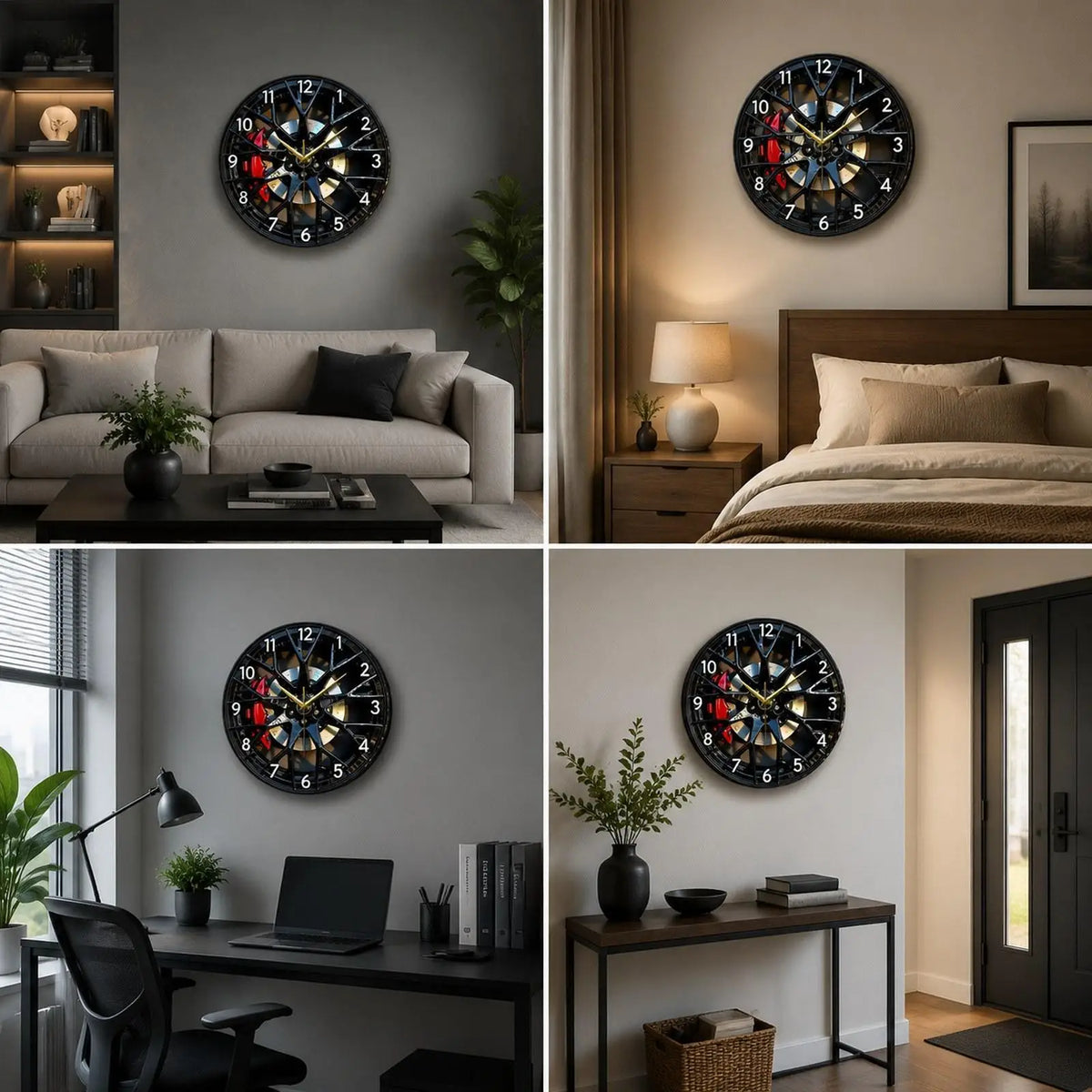 A creative 2D tire wheel acrylic wall clock mounted on a gray wall above a modern sofa and wooden bed.