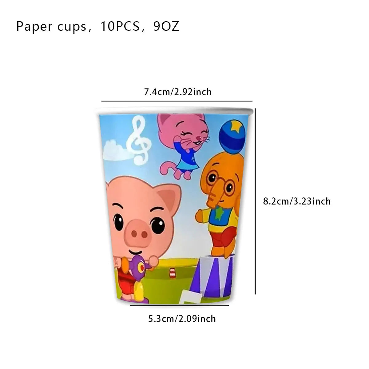 A set of 10 paper cups featuring cartoon animals like a pink pig and a pink cat for a circus theme party.