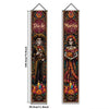 Vertical banner for Día de Muertos featuring a Mexican skull and floral motifs in vibrant colors