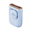 A light blue portable cooling fan with a gold-colored grille and a round control button.