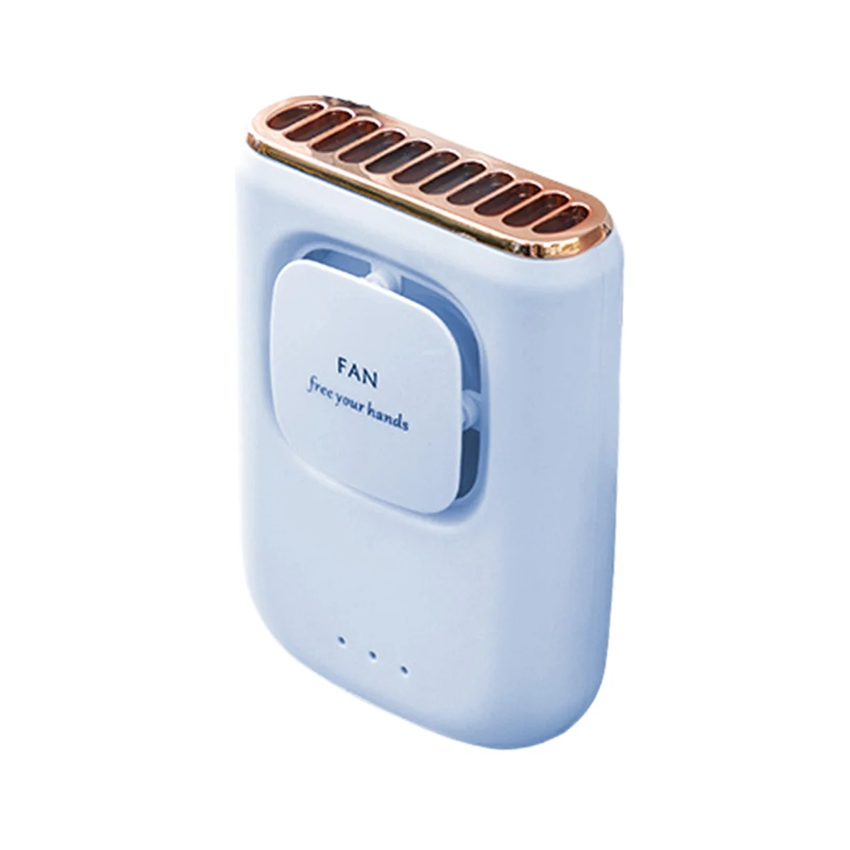 A light blue portable cooling fan with a gold-colored grille and a round control button.