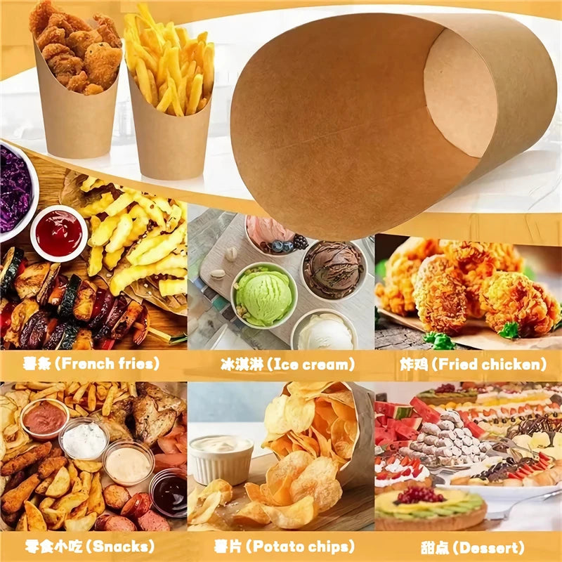 A collection of food items including french fries, fried chicken, potato chips, and desserts displayed on a white surface.