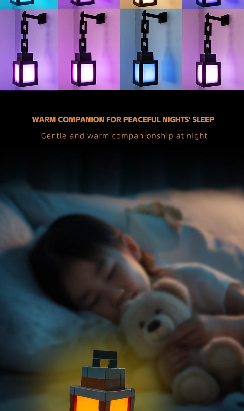Lampe de nuit LED style pixel éclairant un enfant endormi avec un ours en peluche dans une chambre faiblement éclairée.