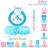 A set of 12 party decorations including a centerpiece, gender reveal signs, and fabric table coverings in pink and blue.