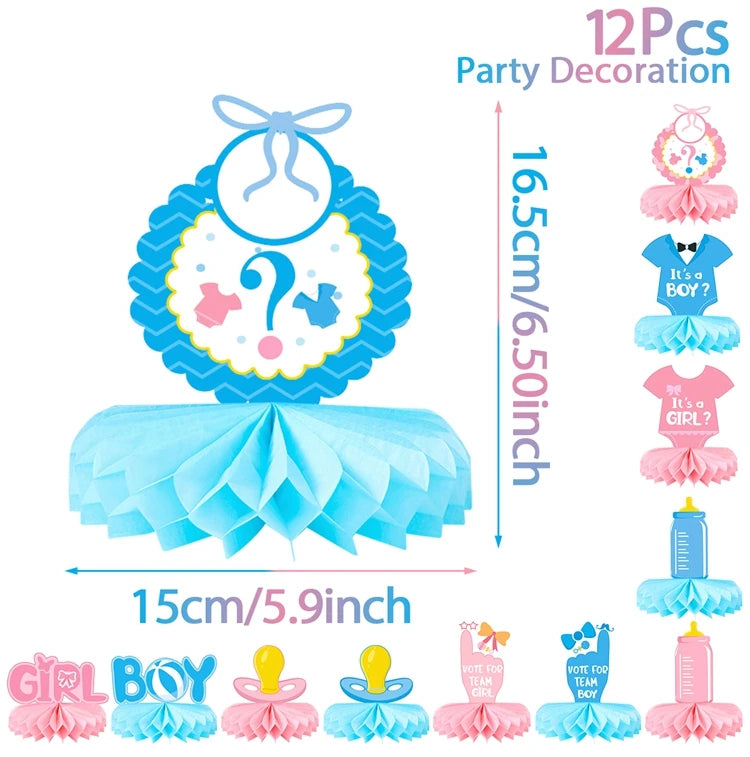 A set of 12 party decorations including a centerpiece, gender reveal signs, and fabric table coverings in pink and blue.