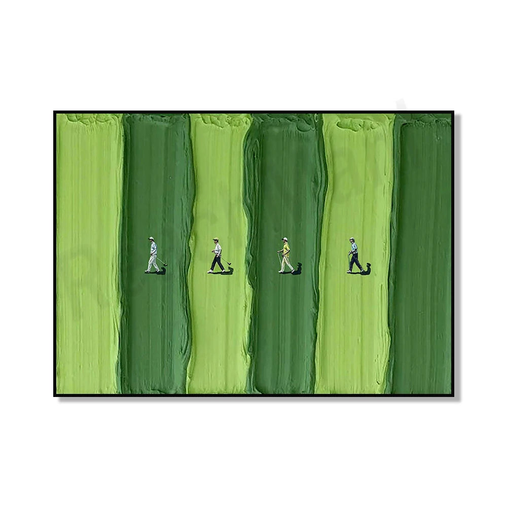 Abstract canvas art depicting a golf scene with figures on vertical green stripes.