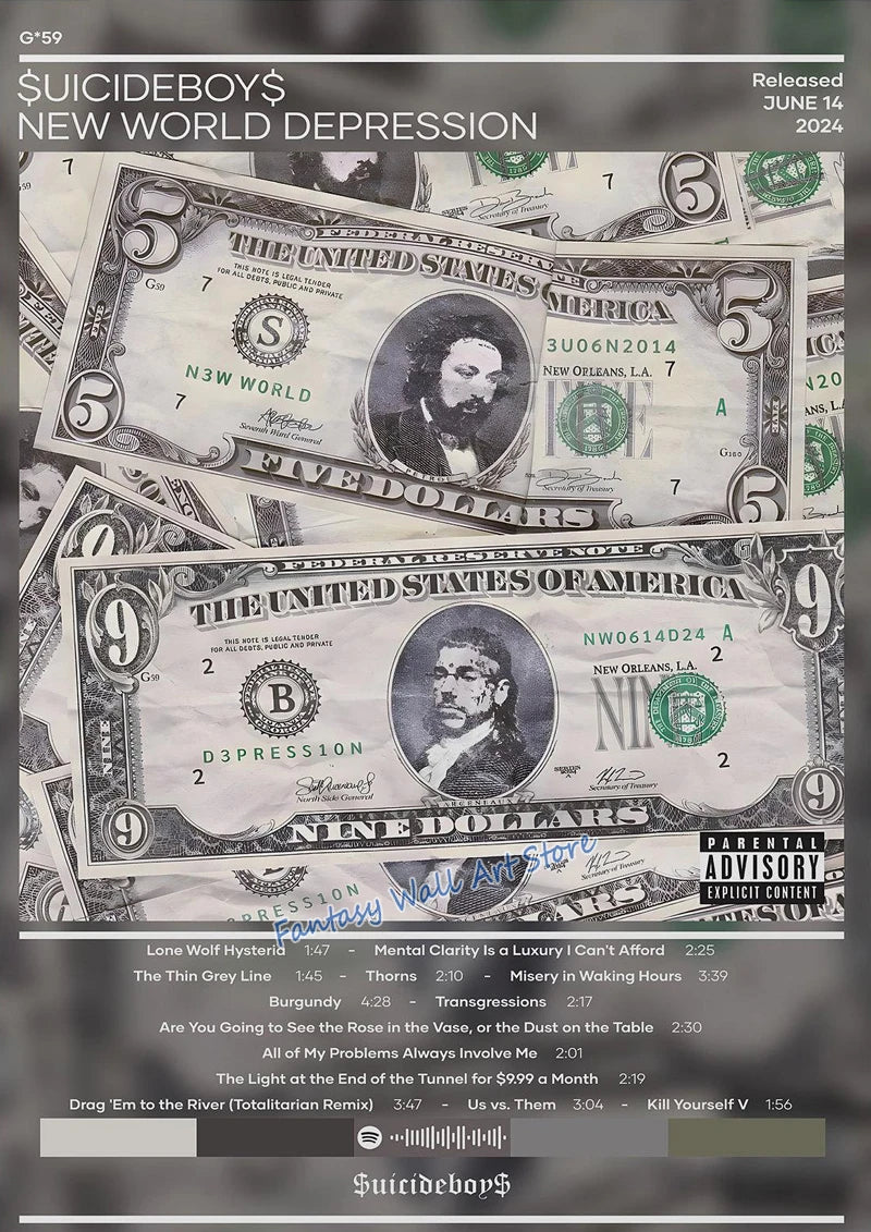 Album cover art print for Suicideboy's New World Depression featuring a stylized banknote design