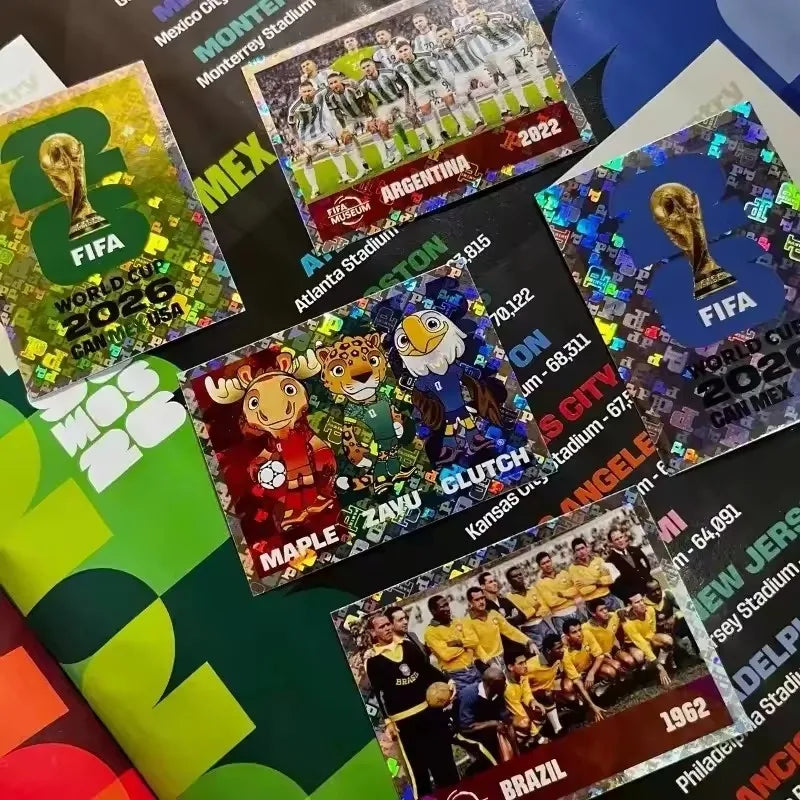 A collection of official stickers and memorabilia related to the 2026 FIFA World Cup, featuring various national teams and ev