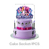 A purple birthday cake decorated with anime-style toppers and lightning bolt accents.