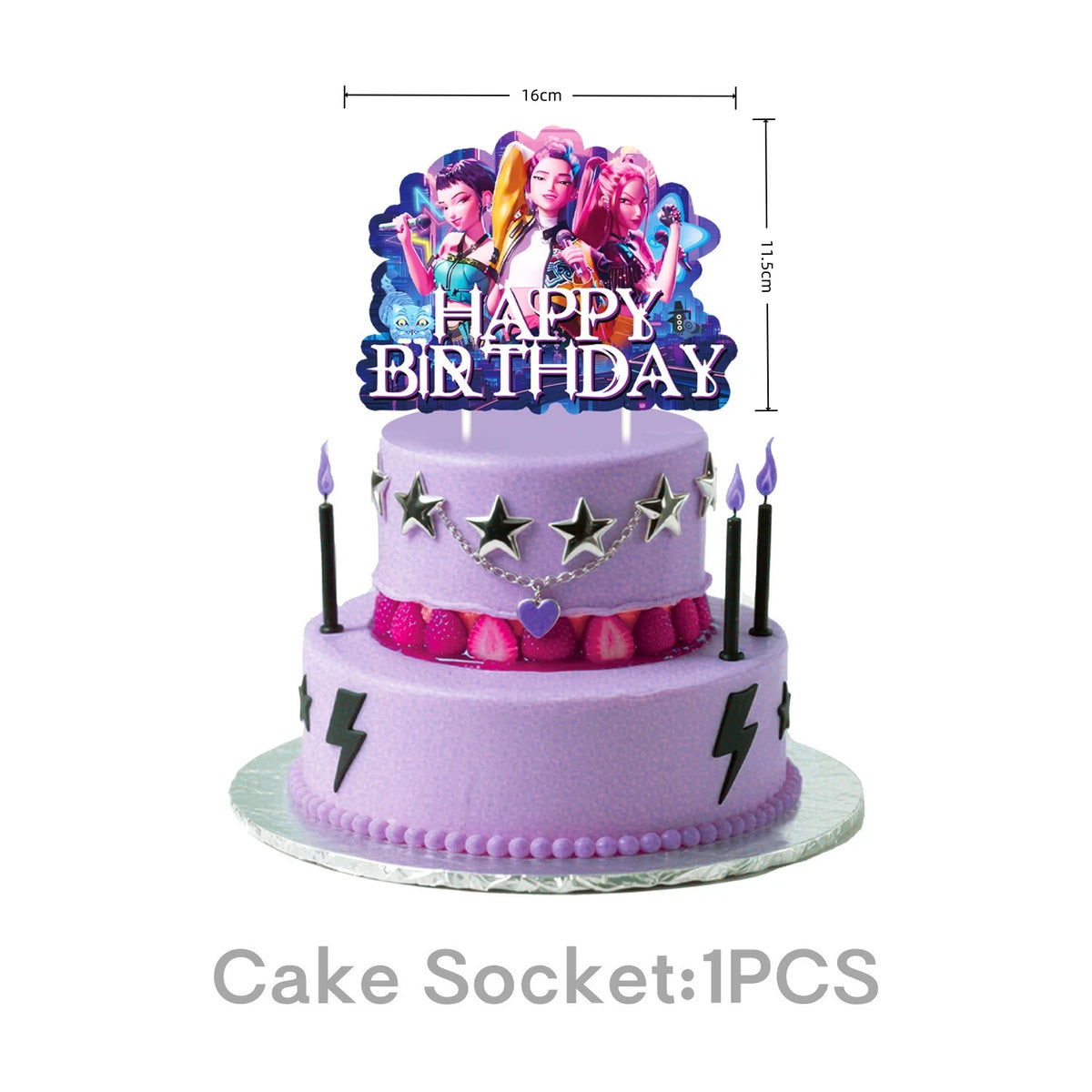 A purple birthday cake decorated with anime-style toppers and lightning bolt accents.