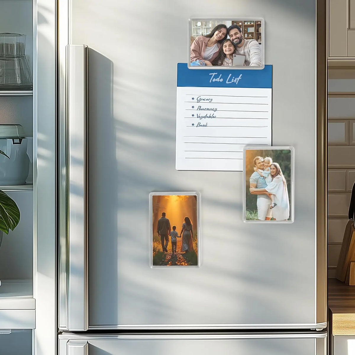 Magnetic mini photo frames displayed on a refrigerator door featuring family and couple portraits