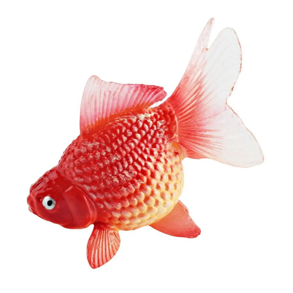 A realistic goldfish aquarium decor figurine in bright red with translucent fins.