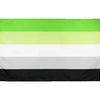 A horizontal rainbow pride flag banner with five colored stripes: green, yellow-green, light green, white, and black.