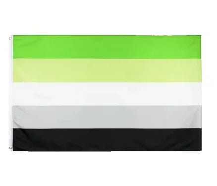 A horizontal rainbow pride flag banner with five colored stripes: green, yellow-green, light green, white, and black.