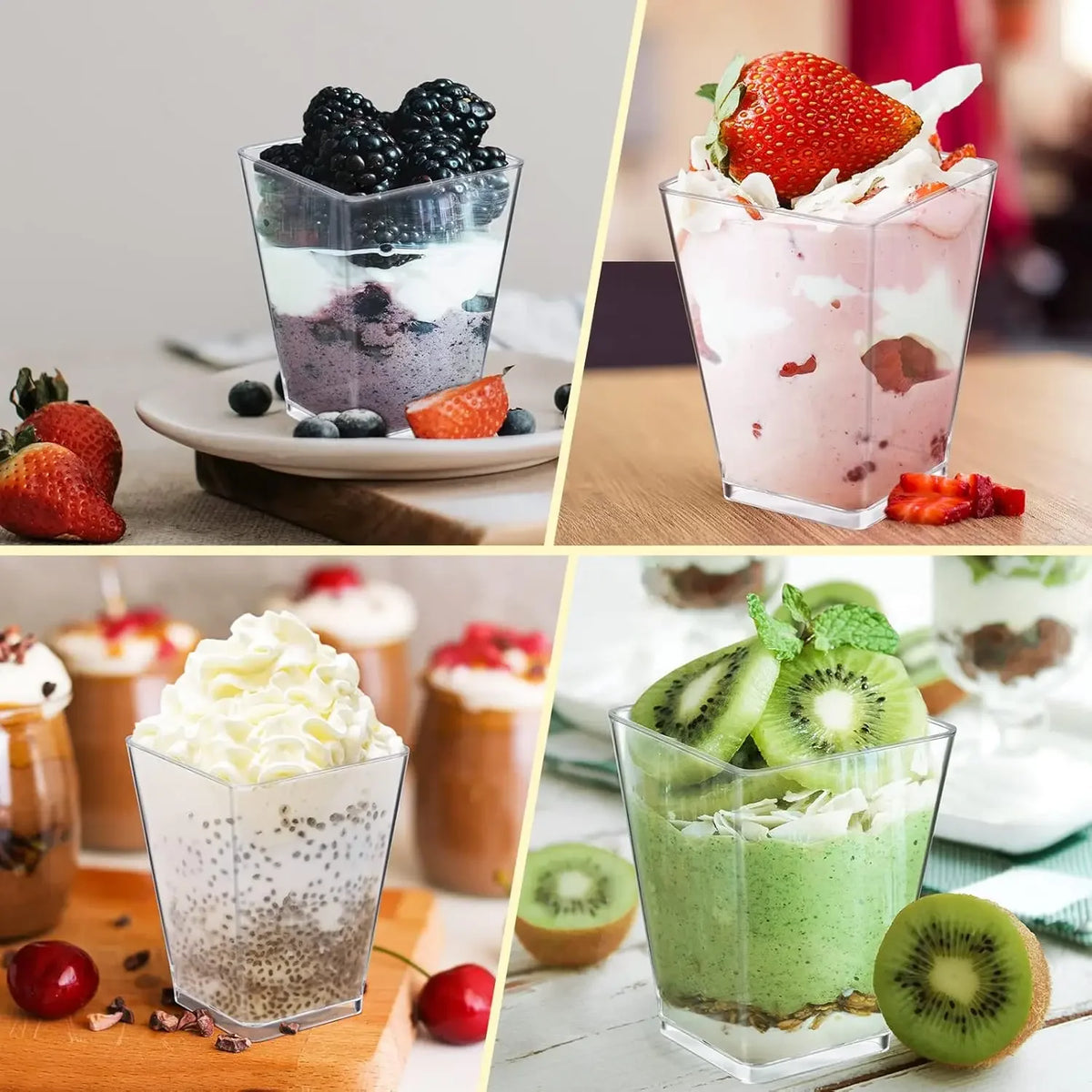 A collection of six elegant mini dessert cups filled with various fruit smoothies and toppings like berries, strawberries, an