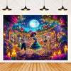 A vibrant photo backdrop featuring colorful floral skull designs set against a dark, magical forest with glowing lights and a