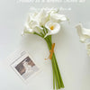 A bouquet of six white artificial calla lilies with green stems and natural light background.